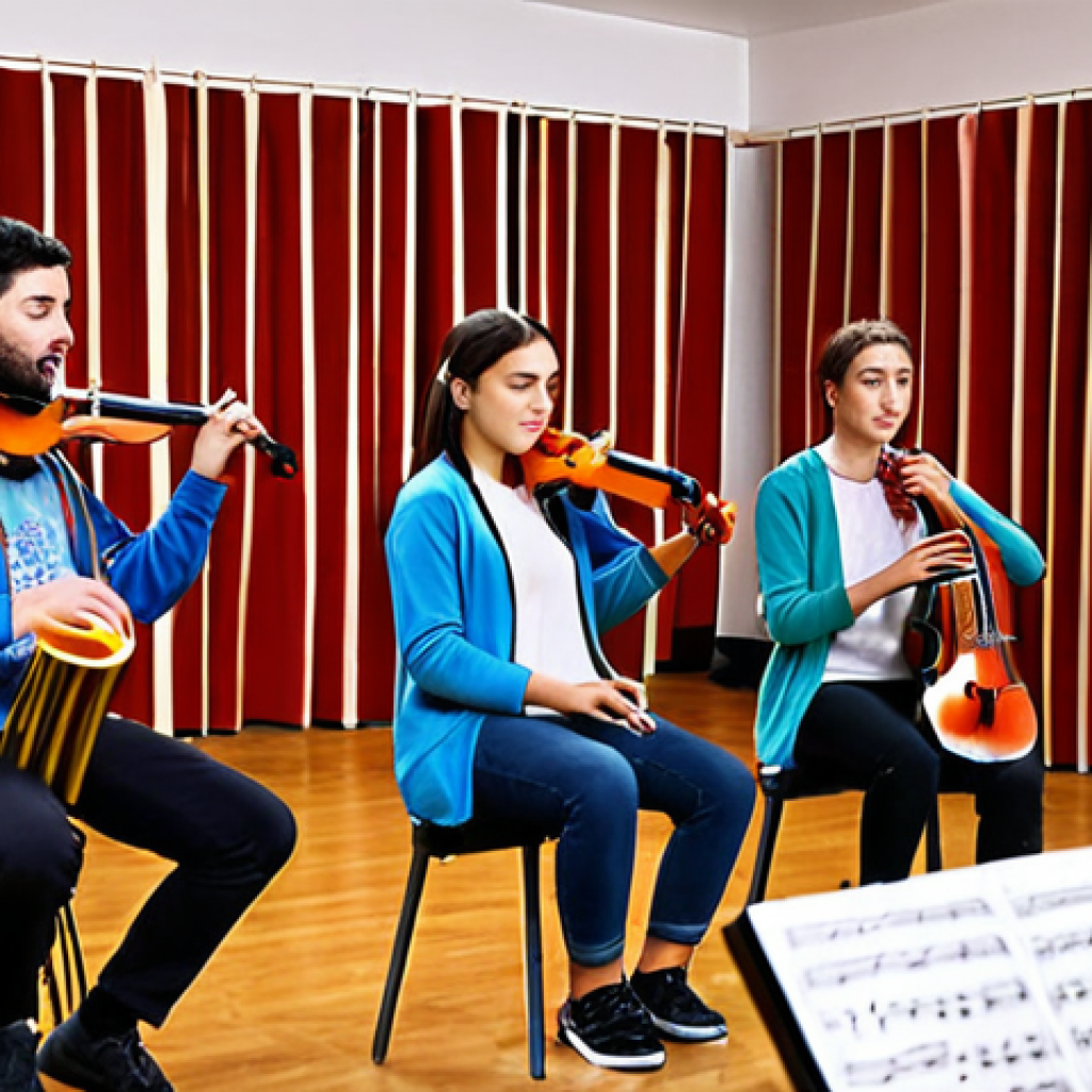 **A vibrant music school scene in Madrid, showcasing diverse students in group classes playing various instruments, emphasizing affordable community learning.**