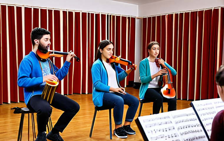 **A vibrant music school scene in Madrid, showcasing diverse students in group classes playing various instruments, emphasizing affordable community learning.**