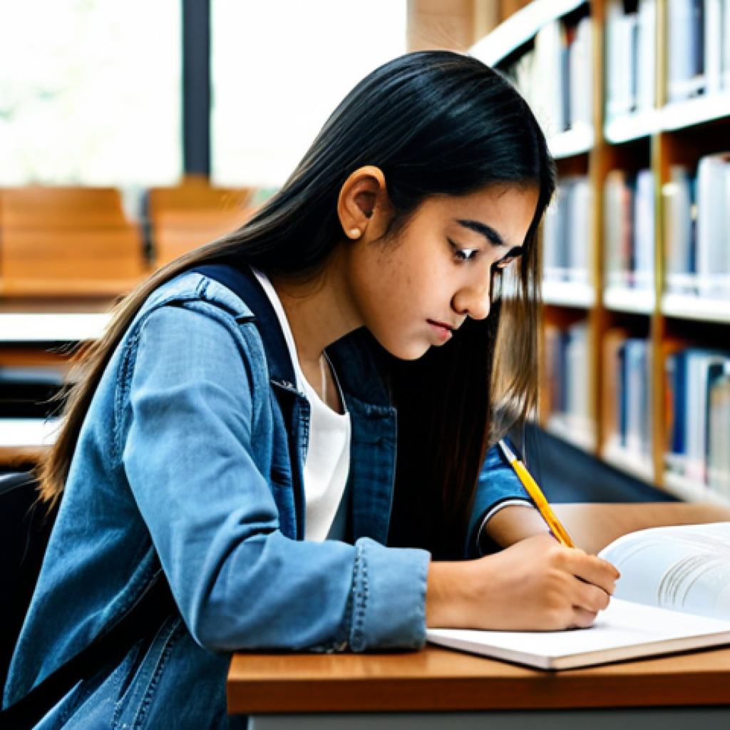 A focused young university student, fully clothed in modest, appropriate casual attire, diligently studying at a desk in a modern, sunlit university library. The student is surrounded by open textbooks, a laptop displaying scholarship application portals, and neatly organized research papers. The pose is natural and shows deep concentration, with well-formed hands holding a pen. The background features blurred bookshelves, indicating an academic environment. This image embodies diligence and the active search for educational opportunities, suitable for professional photography, high quality, perfect anatomy, correct proportions, proper finger count, natural body proportions, safe for work, appropriate content, family-friendly.