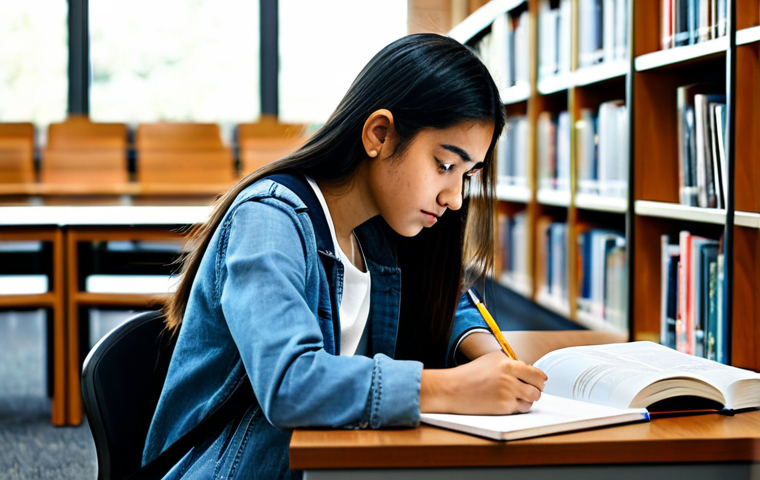 A focused young university student, fully clothed in modest, appropriate casual attire, diligently studying at a desk in a modern, sunlit university library. The student is surrounded by open textbooks, a laptop displaying scholarship application portals, and neatly organized research papers. The pose is natural and shows deep concentration, with well-formed hands holding a pen. The background features blurred bookshelves, indicating an academic environment. This image embodies diligence and the active search for educational opportunities, suitable for professional photography, high quality, perfect anatomy, correct proportions, proper finger count, natural body proportions, safe for work, appropriate content, family-friendly.