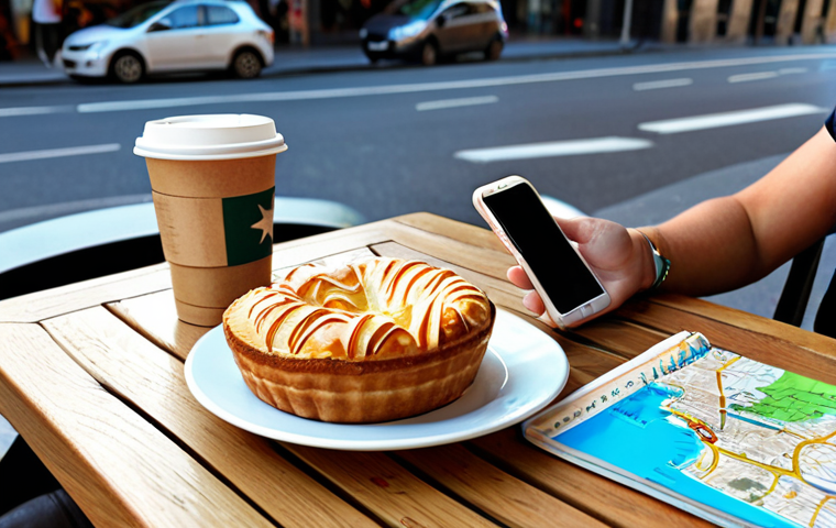 Budgeting for Australia**
A young traveler sitting at a cafe table in Barcelona, Spain, looking at a budgeting app on their phone. Around them are travel guides and maps of Australia. The table has a coffee and a partially eaten pastry. The scene is bright and sunny, conveying a sense of planning and excitement. "safe for work", "appropriate content", "fully clothed", "professional", "digital art", "concept illustration", "financial planning", "travel dreams", "perfect anatomy", "natural proportions".
**