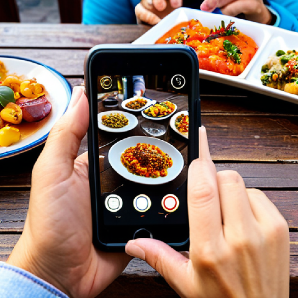 외식 비용 절약법 - Professional Food Blogger**
"A professional food blogger, fully clothed, taking a photo of colorful...