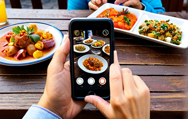 외식 비용 절약법 - Professional Food Blogger**
"A professional food blogger, fully clothed, taking a photo of colorful...