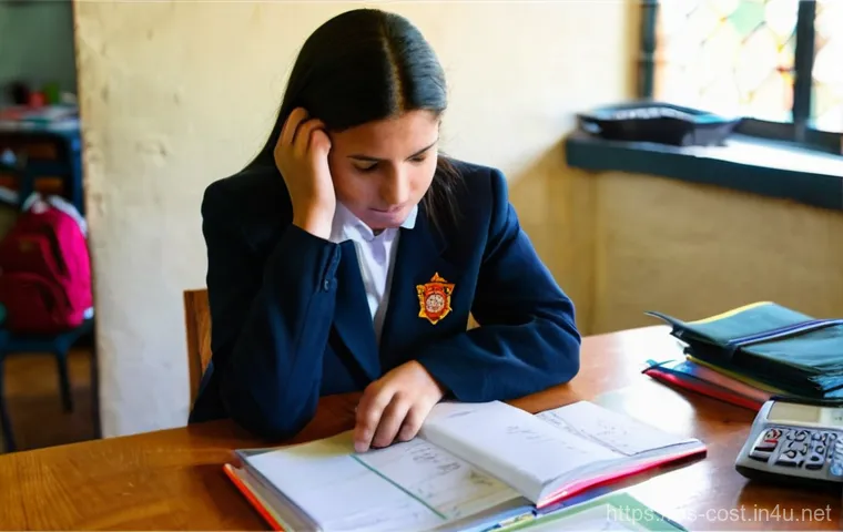 학교 교복 비용 - **Prompt:** A stressed Spanish-speaking mother in her late 30s or early 40s, dressed in comfortable ...