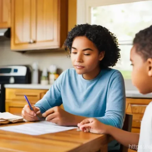 Home 14 학교 급식비 - **Prompt: Family Budgeting for School Meals**
A realistic, warm-toned image depicting a diverse ...