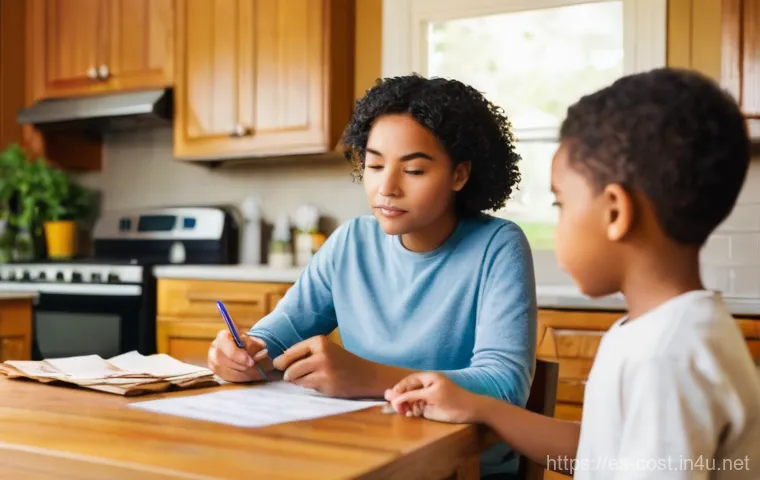학교 급식비 - **Prompt: Family Budgeting for School Meals**
    A realistic, warm-toned image depicting a diverse ...