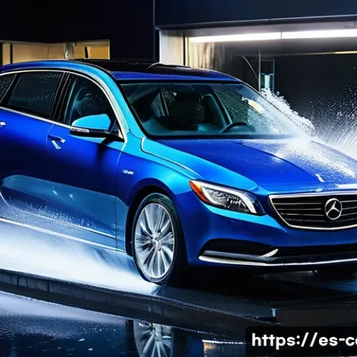 자동차 세차 비용 - **A modern, high-tech automatic car wash in action.** The scene features a sleek, dark-colored sedan...