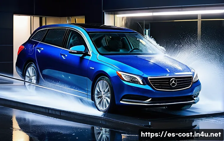 자동차 세차 비용 - **A modern, high-tech automatic car wash in action.** The scene features a sleek, dark-colored sedan...