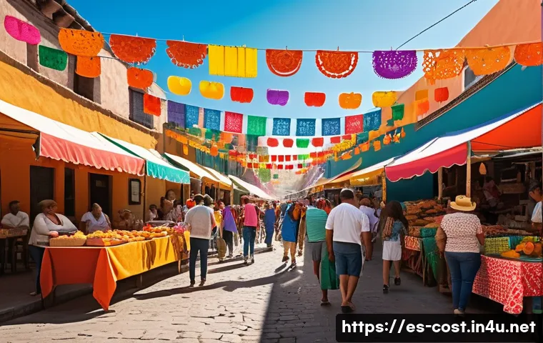 국내여행 비용 - A vibrant Mexican street market scene during the daytime, showcasing colorful stalls with fresh frui...