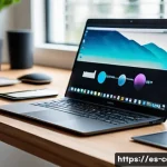 노트북 배터리 교체비용 - A modern workspace scene featuring a sleek laptop on a wooden desk in a bright home office, displayi...