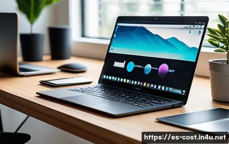 노트북 배터리 교체비용 - A modern workspace scene featuring a sleek laptop on a wooden desk in a bright home office, displayi...