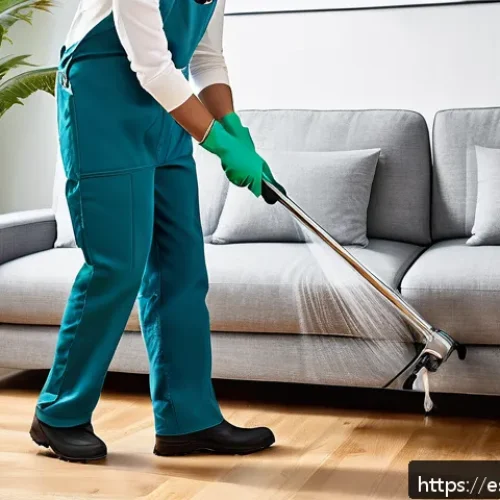 소파 세탁 비용 - A modern living room scene featuring a professional cleaner carefully steam-cleaning a large L-shape...