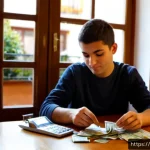 월세 비용 - Photorealistic apartment rental budgeting scene in Madrid, Spain: a young adult tenant in casual ful...