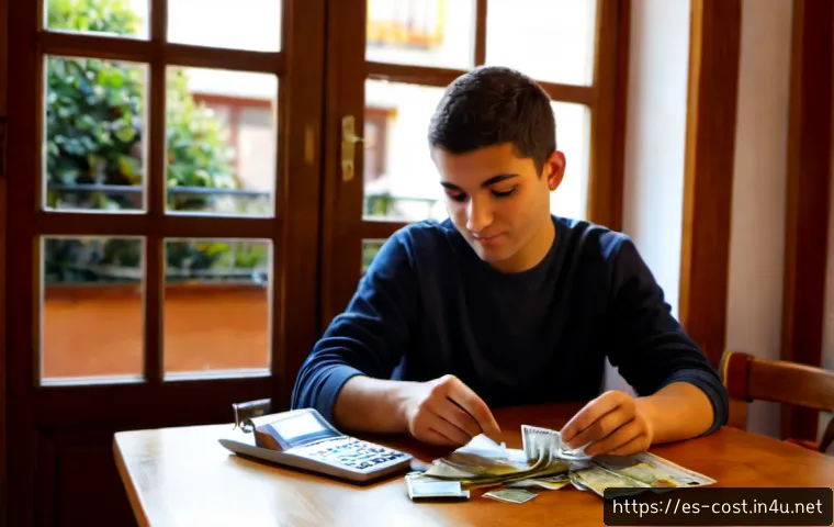 월세 비용 - Photorealistic apartment rental budgeting scene in Madrid, Spain: a young adult tenant in casual ful...
